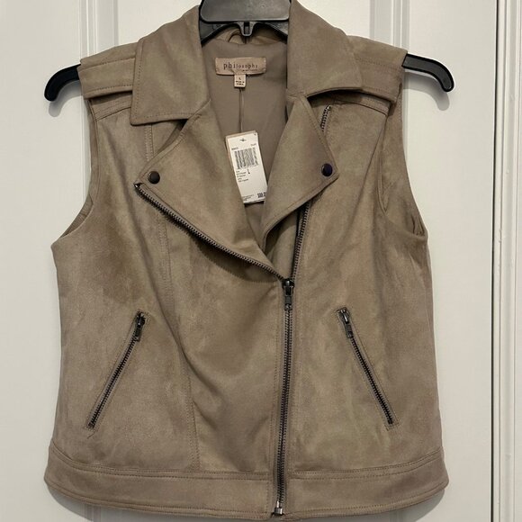 Philosophy Taupe Sleeveless Moto Vest Jacket L With Zipper Pockets & Notch Lapel - Picture 1 of 12